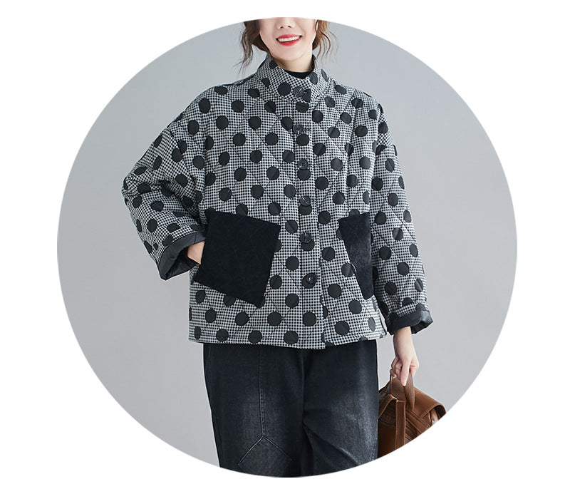 ドット柄ジャケット 長袖 レディース ラウンドネック カジュアル 普段着 レトロ 女性 ボタン