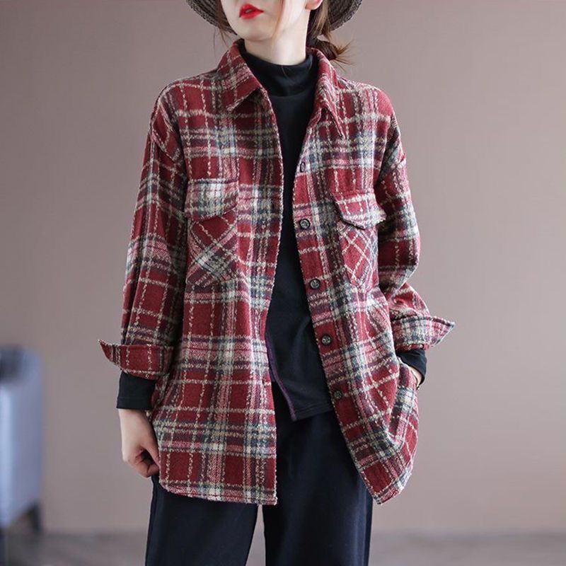 ドロップショルダーチェックシャツ チェック長袖シャツ トップス ブラウス レディース