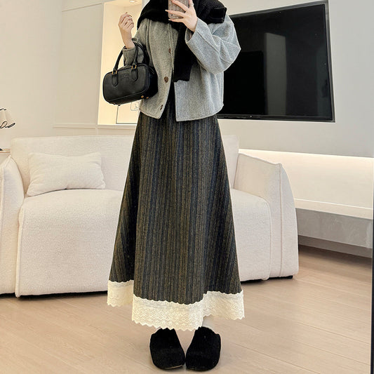 ストライプ柄ツイードレーススカート ストライプ柄スカート ツイードスカート 裏起毛スカート