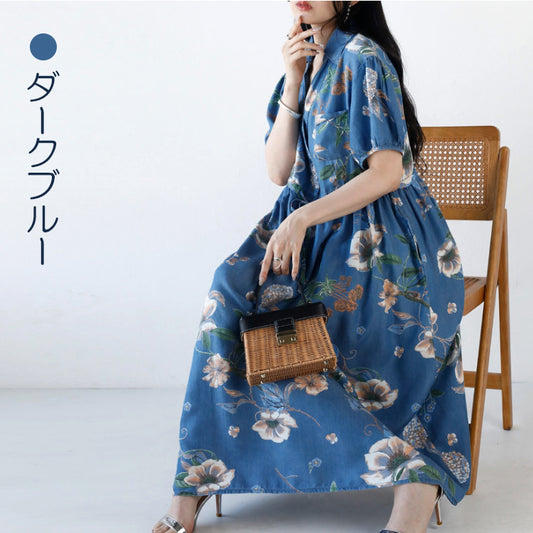 ワンピース 体型カバー ダンガリー ワンピース レディース 半袖 春 夏 秋 花柄