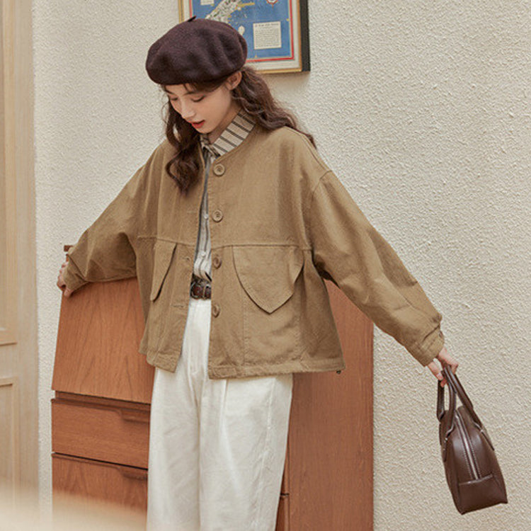 デニム ジャケット ワーク アウター レトロ 洗水 デザイン ビッグシルエット 茶色