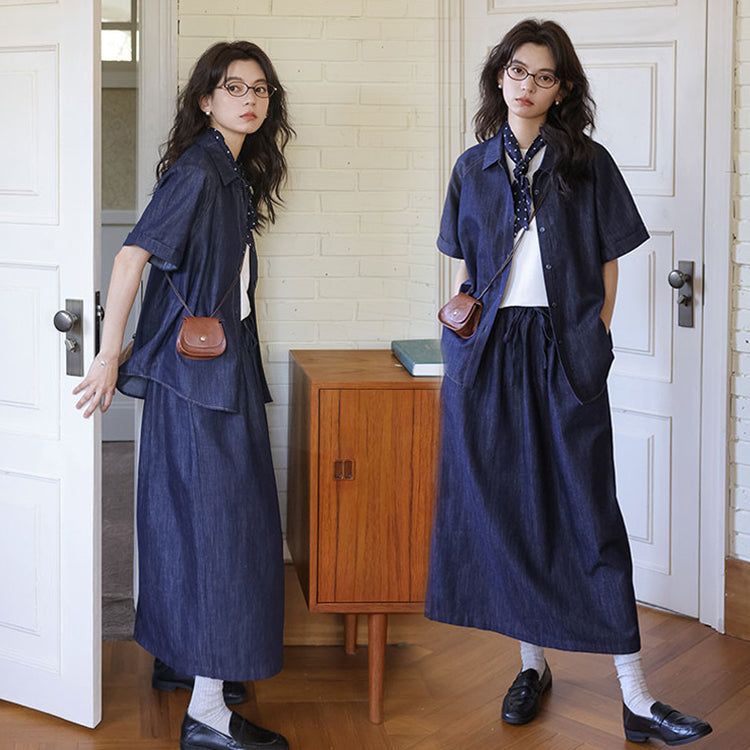 セットアップ レディース デニムシャツ 半袖 トップス デニムスカート 上下セット 夏 秋