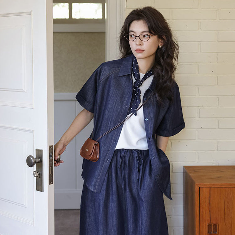 セットアップ レディース デニムシャツ 半袖 トップス デニムスカート 上下セット 夏 秋