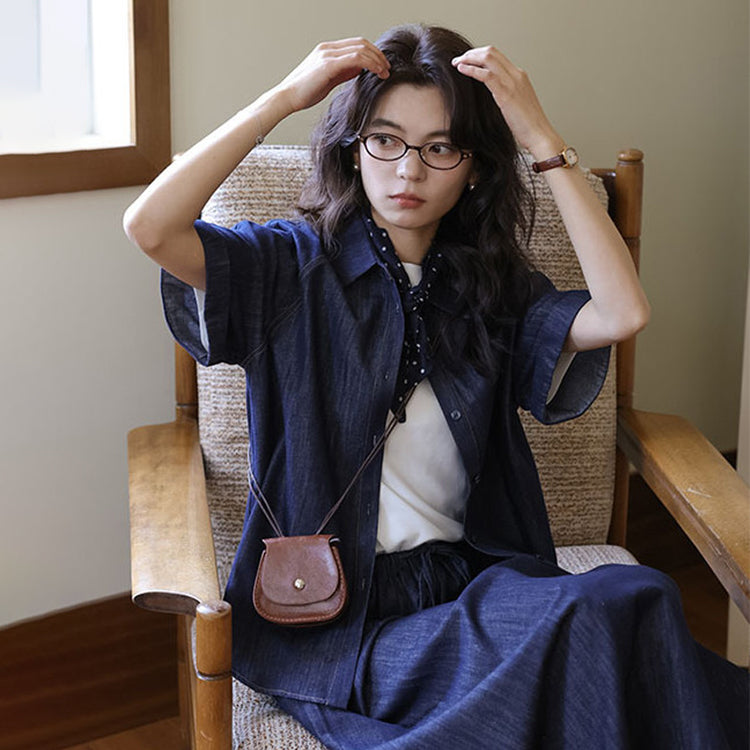 セットアップ レディース デニムシャツ 半袖 トップス デニムスカート 上下セット 夏 秋