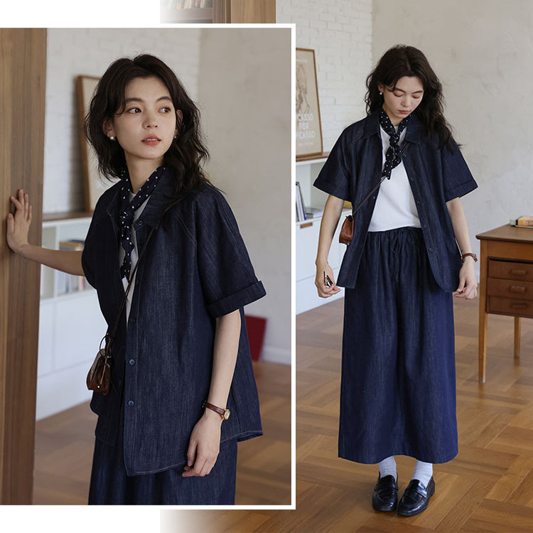 セットアップ レディース デニムシャツ 半袖 トップス デニムスカート 上下セット 夏 秋