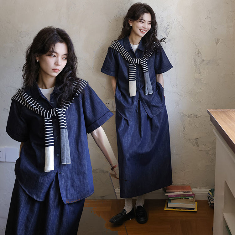 セットアップ レディース デニムシャツ 半袖 トップス デニムスカート 上下セット 夏 秋