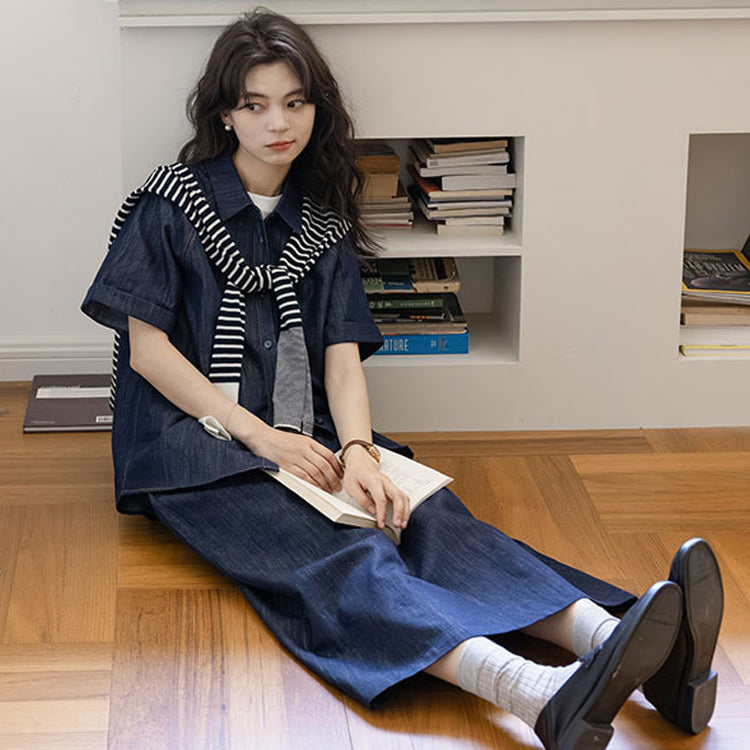 セットアップ レディース デニムシャツ 半袖 トップス デニムスカート 上下セット 夏 秋