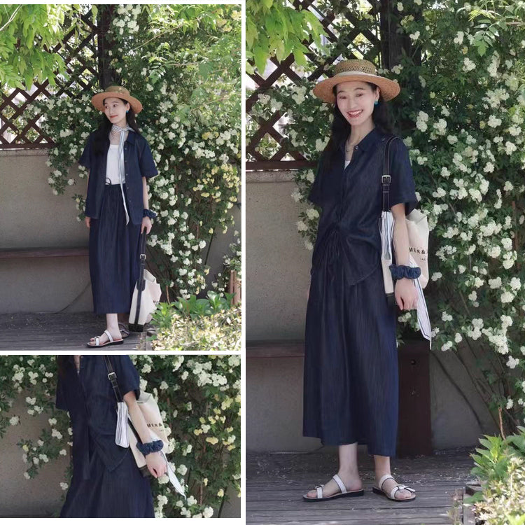 セットアップ レディース デニムシャツ 半袖 トップス デニムスカート 上下セット 夏 秋