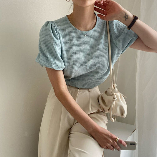 ブラウス レディース トップス Tシャツ カットソー 半袖 シャツ 韓国風 ワッフル素材