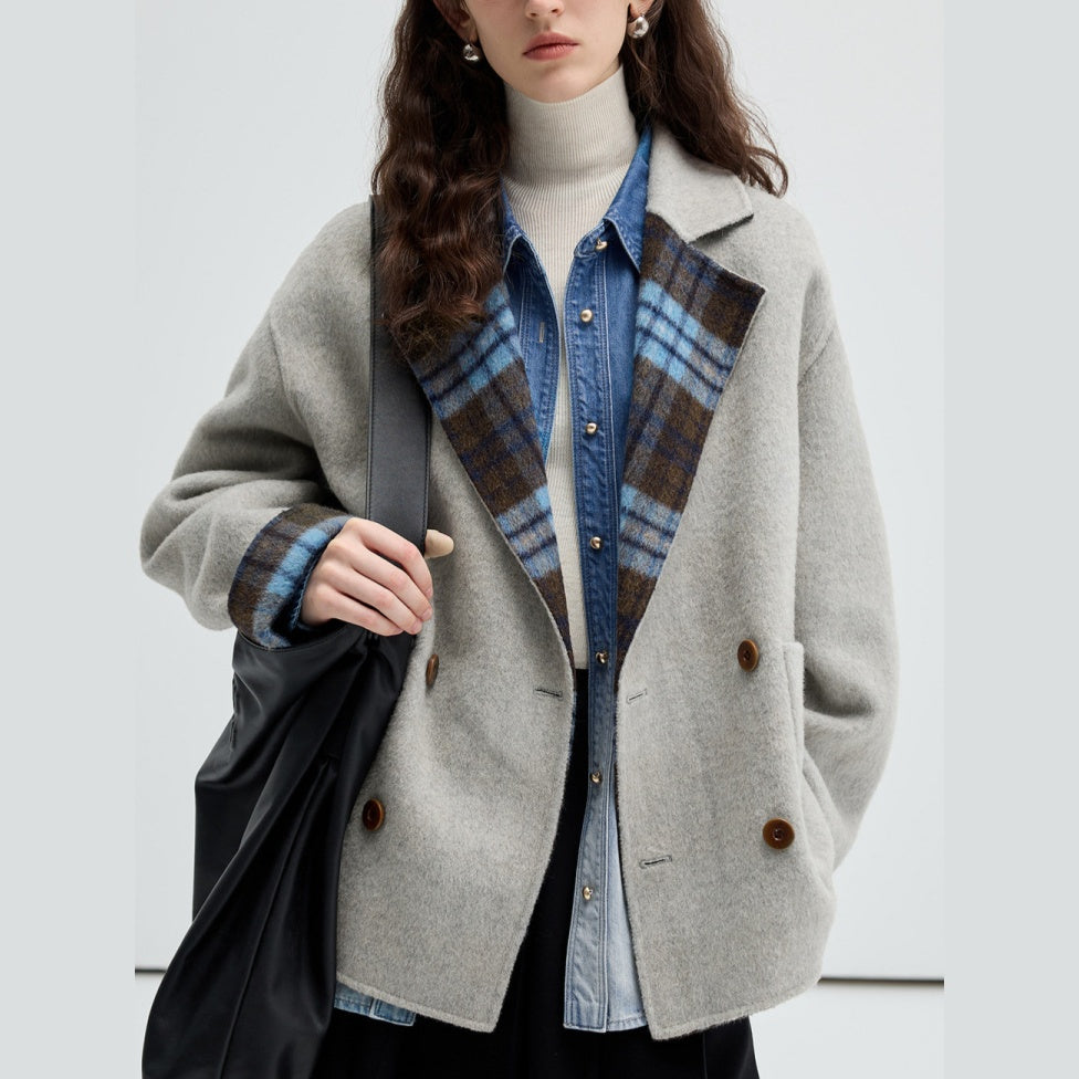 ラシャコート ウール ジャケット 両面着 高級感 コート チェック柄 リバーシブル 立ち襟