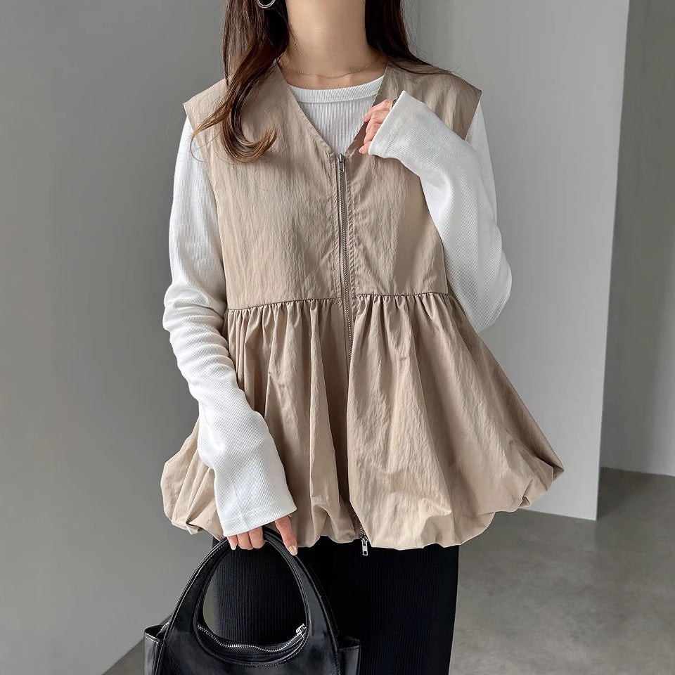 ノースリーブ ベスト レディース ラウンドネック トップス ジッパー デザイン フリル