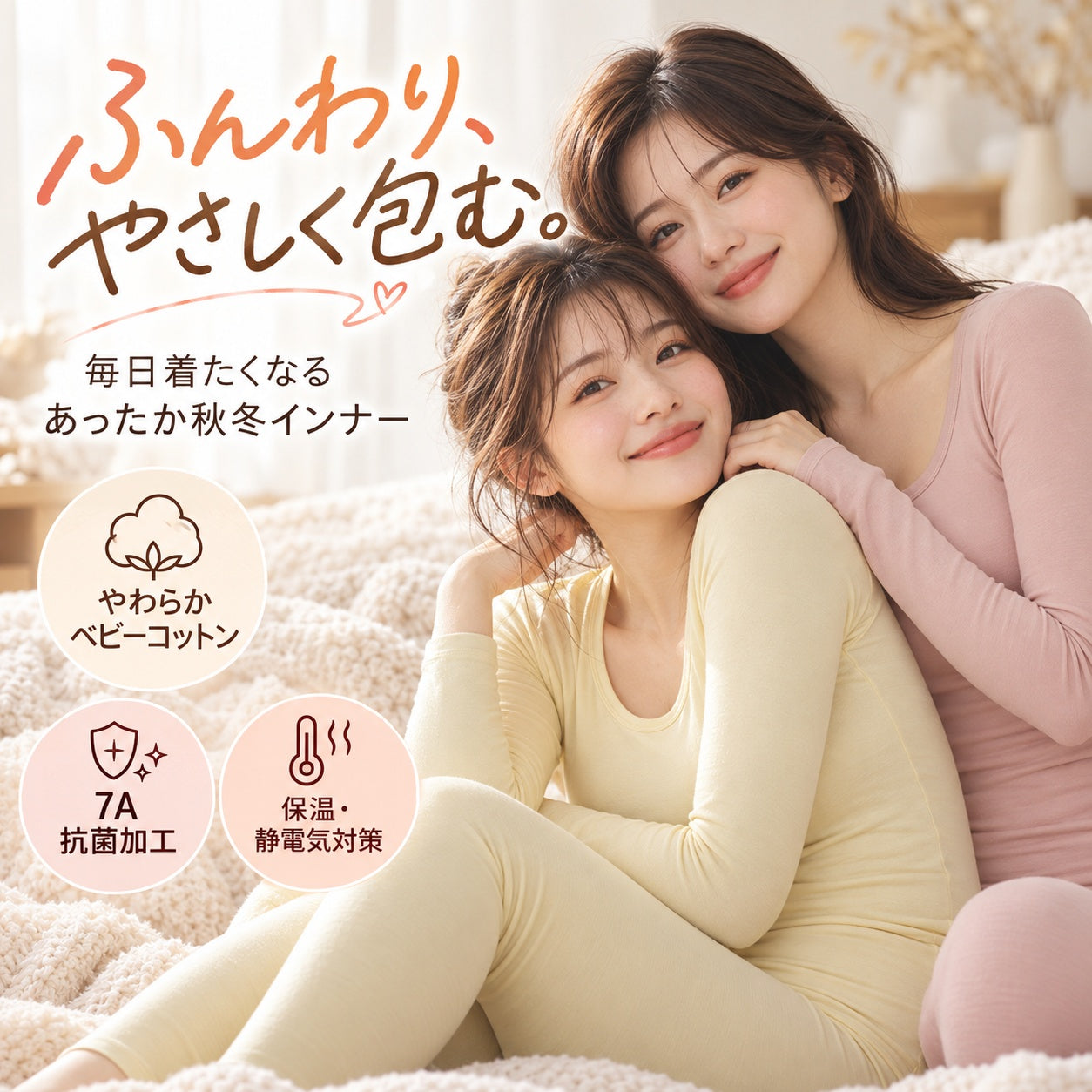あったかインナー レディース 上下セット 綿100% 薄手 長袖 丸首 微起毛 秋冬 防寒 保温