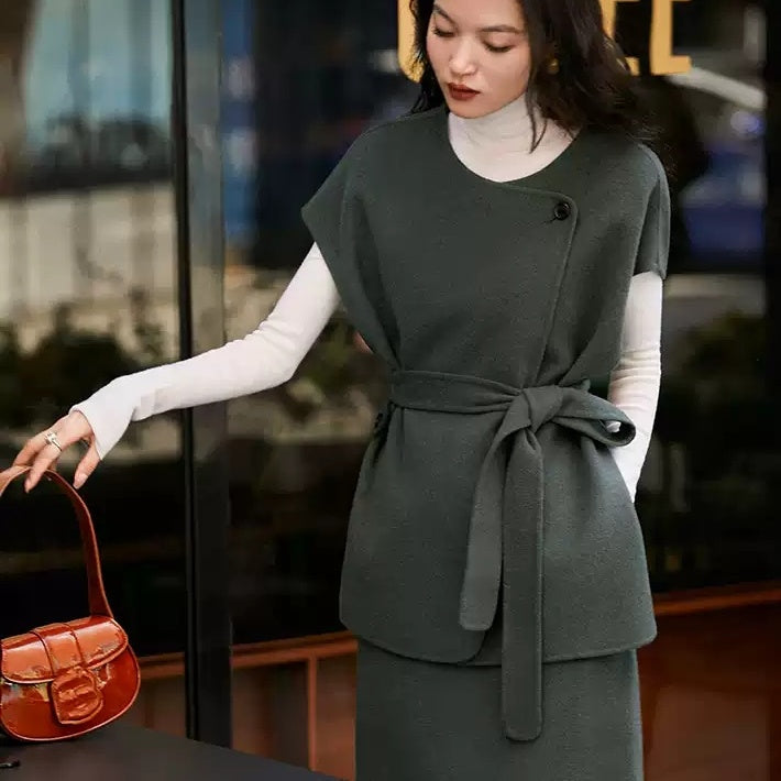 ジレ ベスト ウール レディース ウエストマーク ロングベスト  体型カバー カジュアル