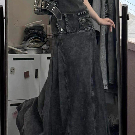 スカート ヴィンテージデニム レディース ボトムス ロング プリーツ ブラック