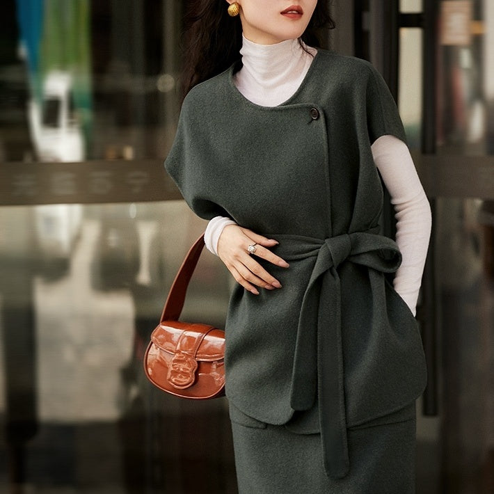 ジレ ベスト ウール レディース ウエストマーク ロングベスト  体型カバー カジュアル