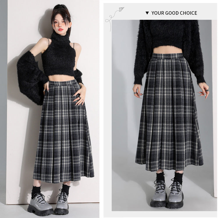 チェック柄 スカート 羅紗 プリーツスカート 秋冬 Aライン ロングスカート ハイウエスト ウエストゴム
