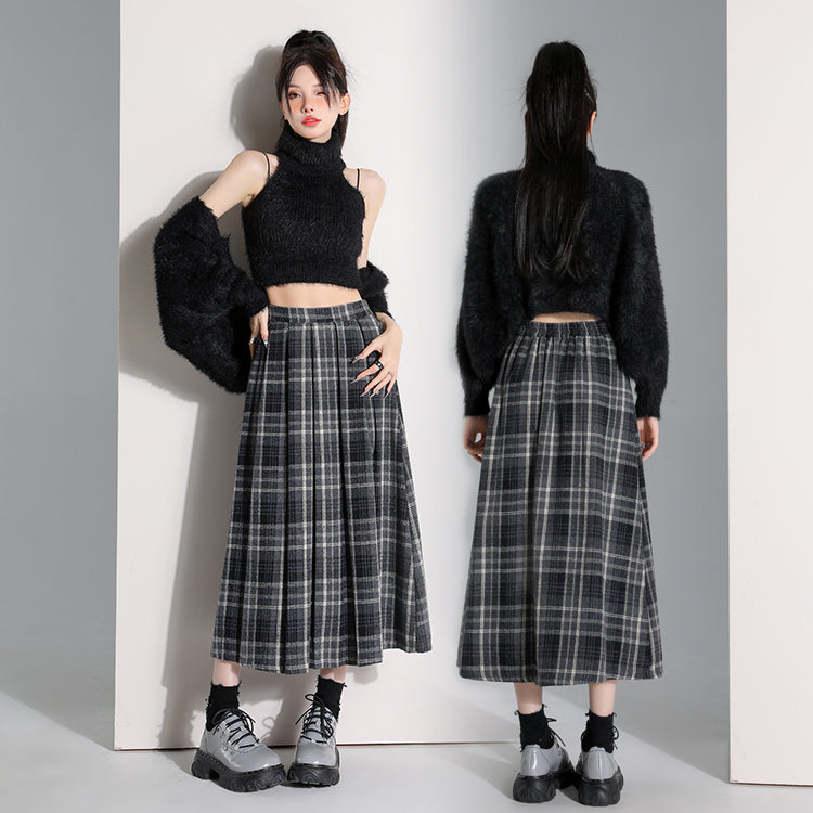 チェック柄 スカート 羅紗 プリーツスカート 秋冬 Aライン ロングスカート ハイウエスト ウエストゴム
