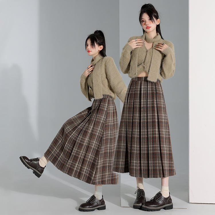 チェック柄 スカート 羅紗 プリーツスカート 秋冬 Aライン ロングスカート ハイウエスト ウエストゴム