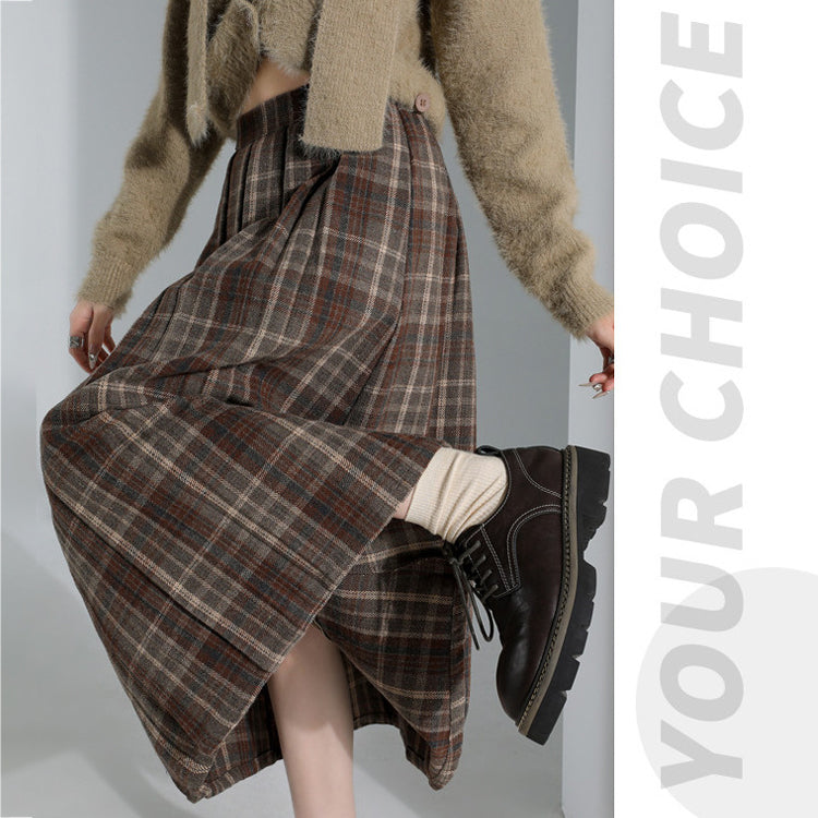 チェック柄 スカート 羅紗 プリーツスカート 秋冬 Aライン ロングスカート ハイウエスト ウエストゴム