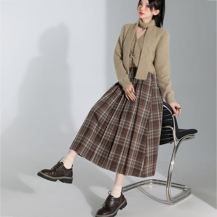 チェック柄 スカート 羅紗 プリーツスカート 秋冬 Aライン ロングスカート ハイウエスト ウエストゴム