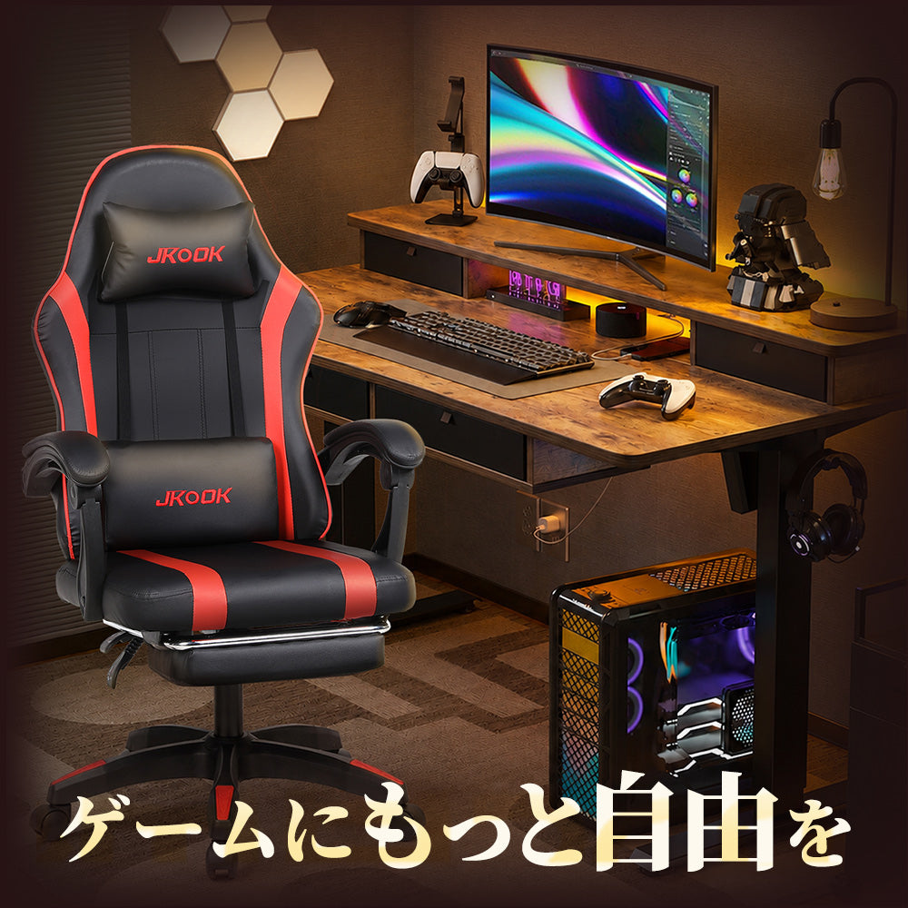 ゲーミングチェア ゲームチェア デスクチェア パソコンチェア オフィスチェア オットマン付き ゲーム用 初心者 リクライニング ランバーサポート ヘッドレスト 連動アームレスト PUレザー 静音キャスター 高さ調整 人間工学 快適 集中力 赤黒 JKOOK
