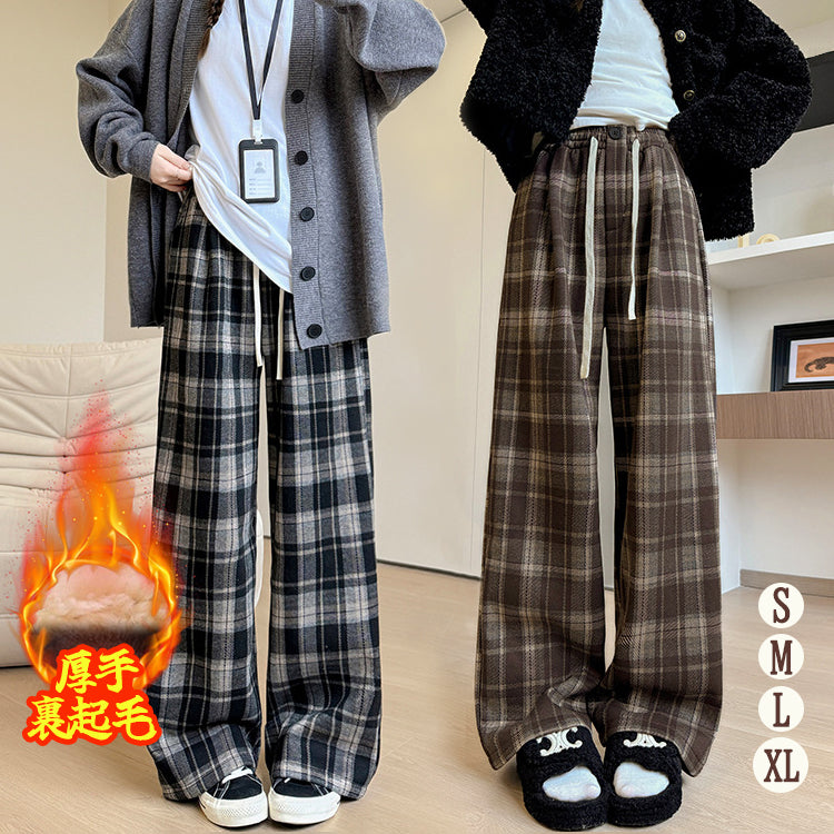 パンツ チェック ワイドパンツ ストレート ハイウエスト 秋冬 新作 ウール風 裏起毛