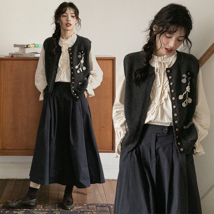 レディース3点セット「ブラウス＋ベスト＋スカート」 シャツ ニットベスト ニットジレ ロングスカート