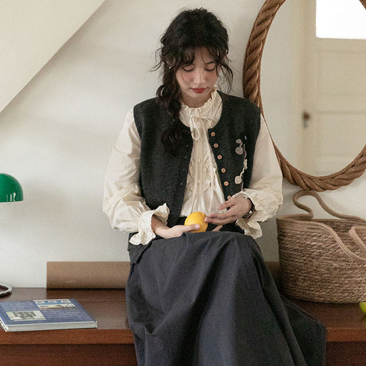 レディース3点セット「ブラウス＋ベスト＋スカート」 シャツ ニットベスト ニットジレ ロングスカート