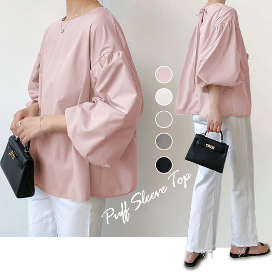 ブラウス   レディースシャツ  ランタンスリーブシャツ  クルーネックシャツ