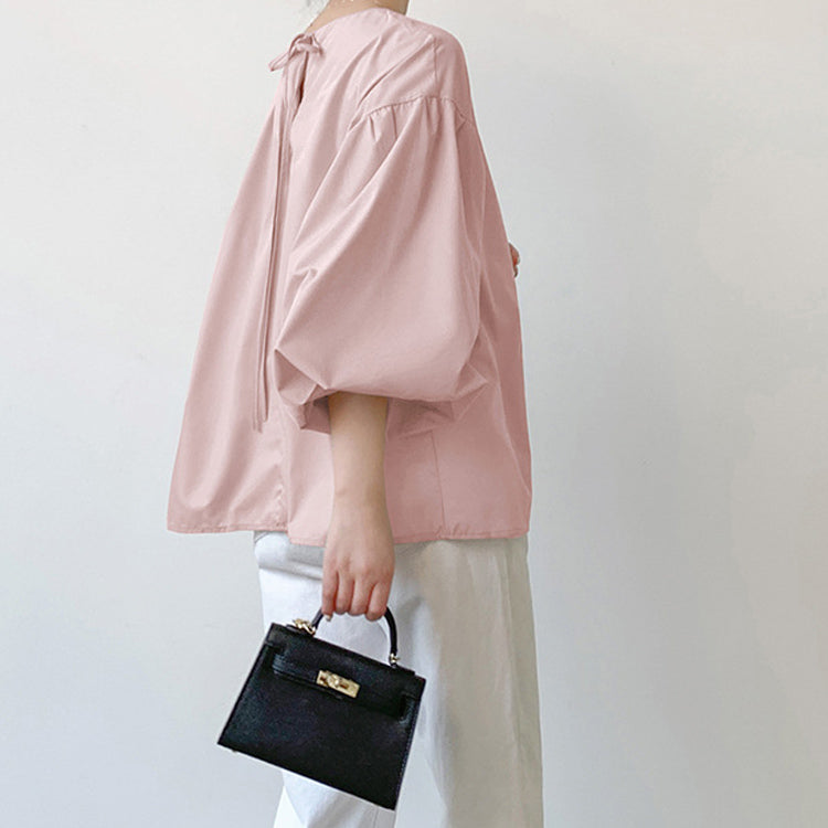 ブラウス   レディースシャツ  ランタンスリーブシャツ  クルーネックシャツ