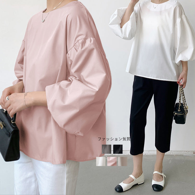 ブラウス   レディースシャツ  ランタンスリーブシャツ  クルーネックシャツ