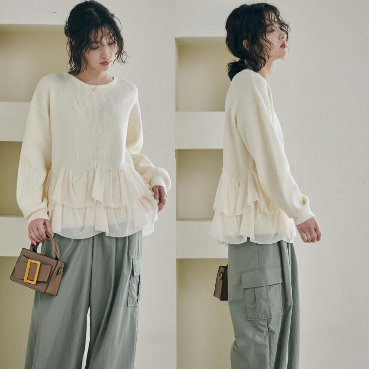 セーター トップス ペプラム 長袖 フリル ぽわん袖 ペプラムプルオーバー