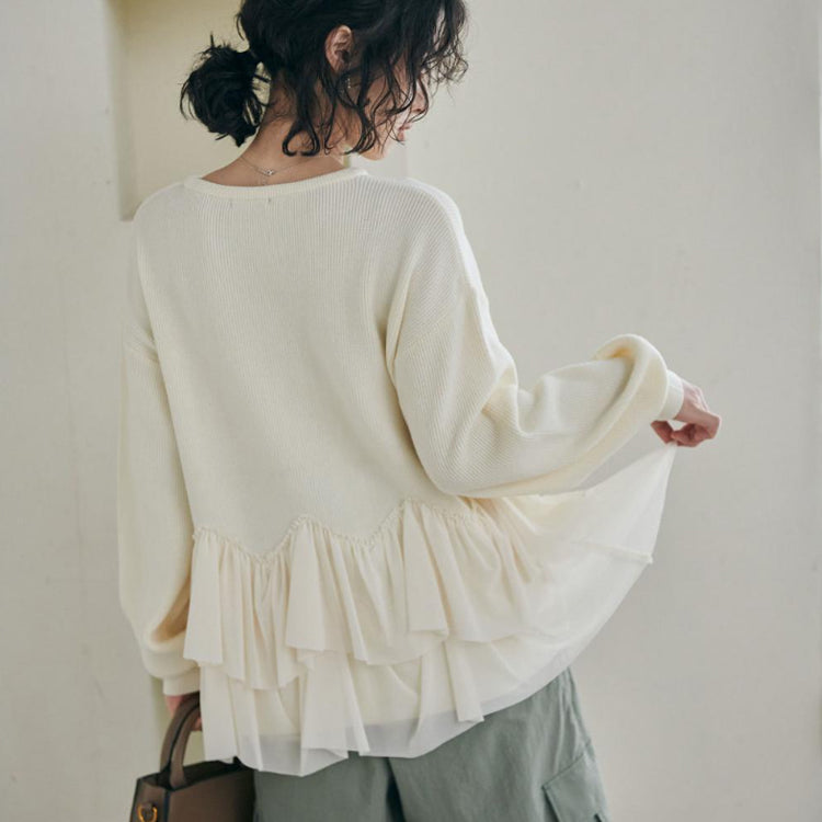 セーター トップス ペプラム 長袖 フリル ぽわん袖 ペプラムプルオーバー
