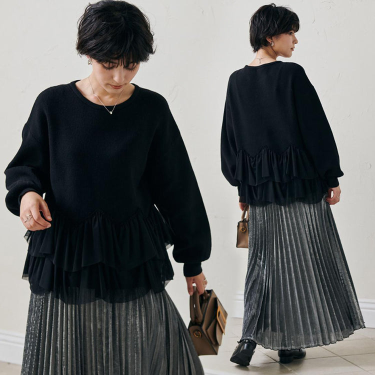 セーター トップス ペプラム 長袖 フリル ぽわん袖 ペプラムプルオーバー