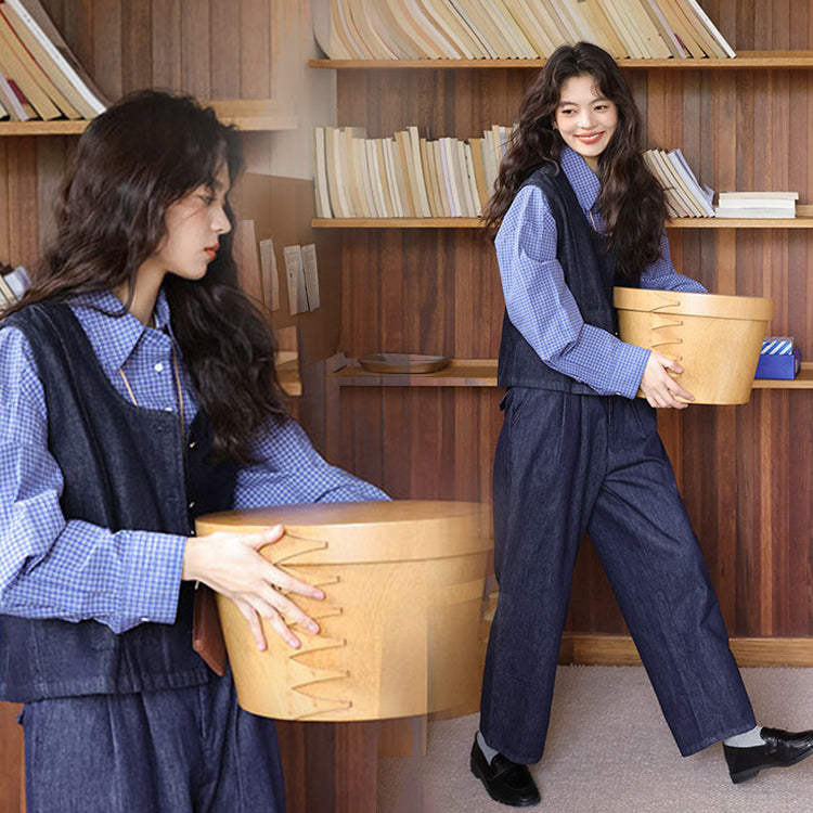 レディース3点セット「シャツ＋ベスト＋パンツ」 デニムパンツ ワイドパンツ デニムベスト シャツ