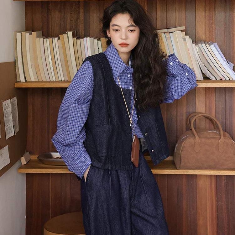 レディース3点セット「シャツ＋ベスト＋パンツ」 デニムパンツ ワイドパンツ デニムベスト シャツ