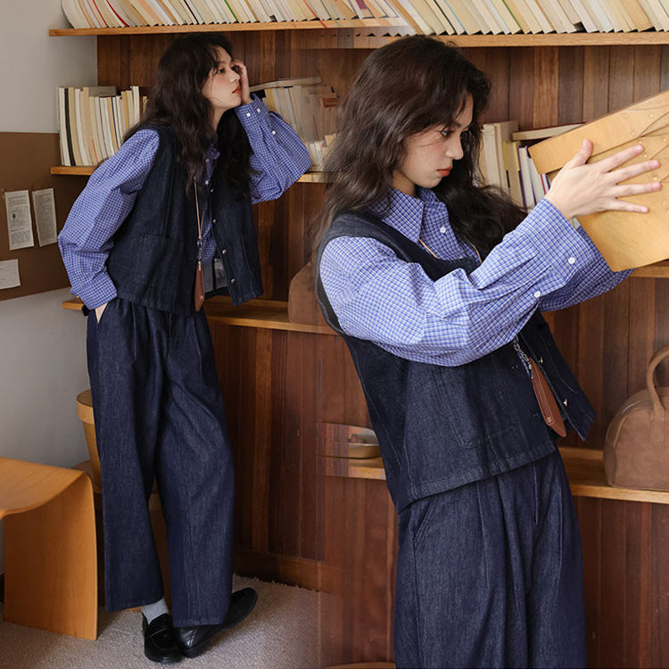 レディース3点セット「シャツ＋ベスト＋パンツ」 デニムパンツ ワイドパンツ デニムベスト シャツ