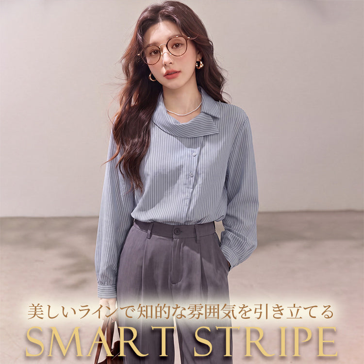 ストライプシャツ レディース ブラウス 長袖 トップス 秋服 アシンメトリー 斜めボタン