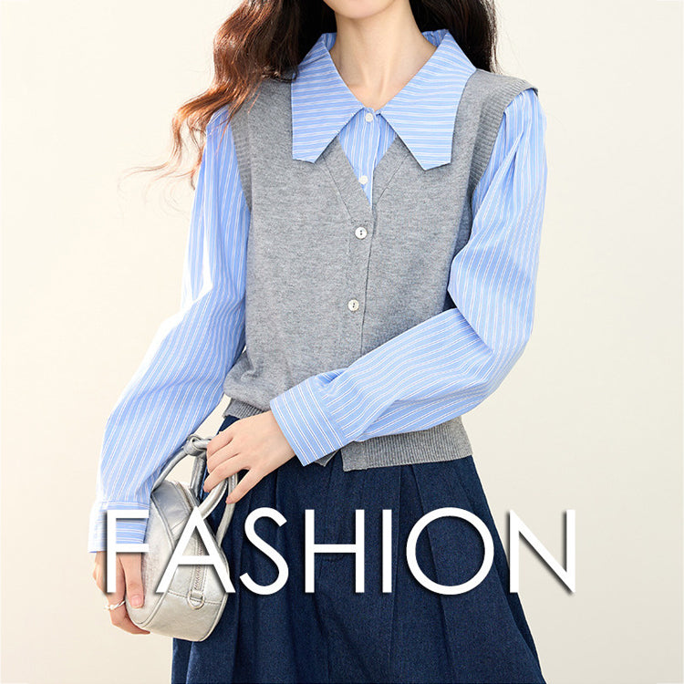 ニット レイヤード風 シャツ レディース 長袖 トップス 韓国風 通勤 オフィス ストライプ