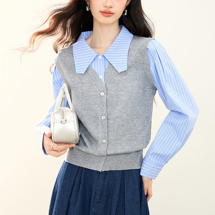 ニット レイヤード風 シャツ レディース 長袖 トップス 韓国風 通勤 オフィス ストライプ