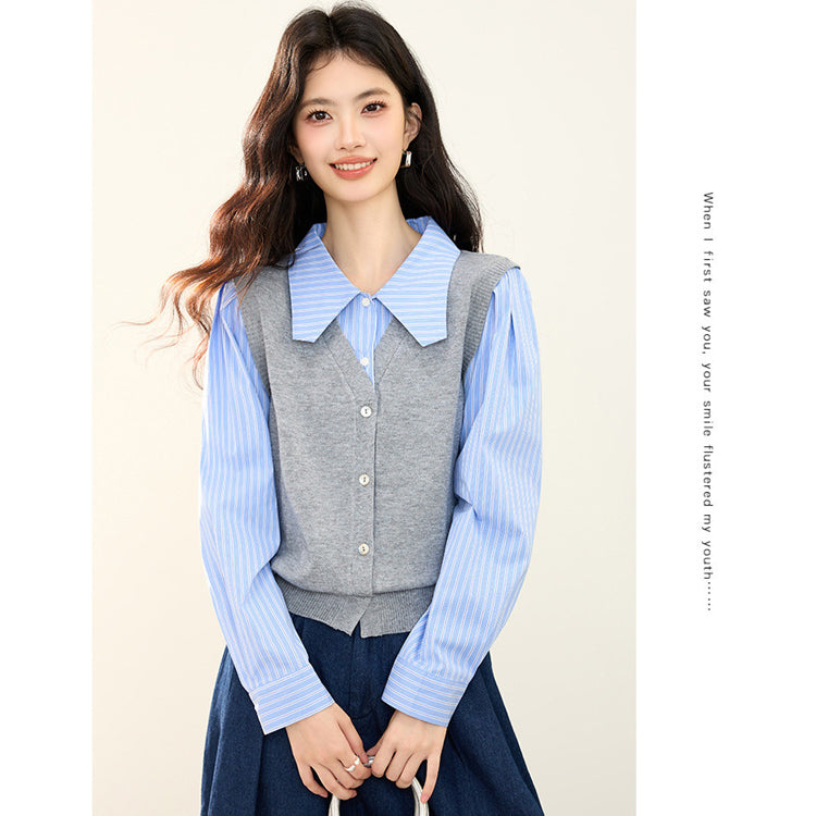 ニット レイヤード風 シャツ レディース 長袖 トップス 韓国風 通勤 オフィス ストライプ