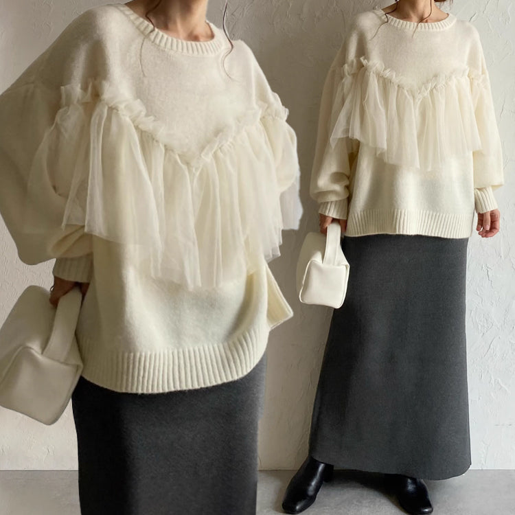 チュールドッキングニット クルーネックニット ニット セーター トップス レディース
