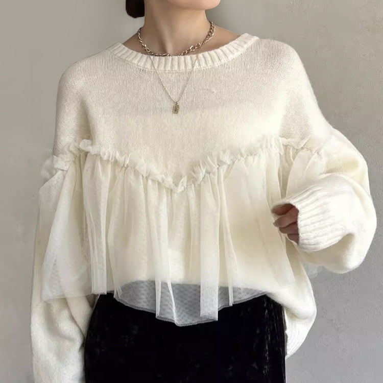 チュールドッキングニット クルーネックニット ニット セーター トップス レディース