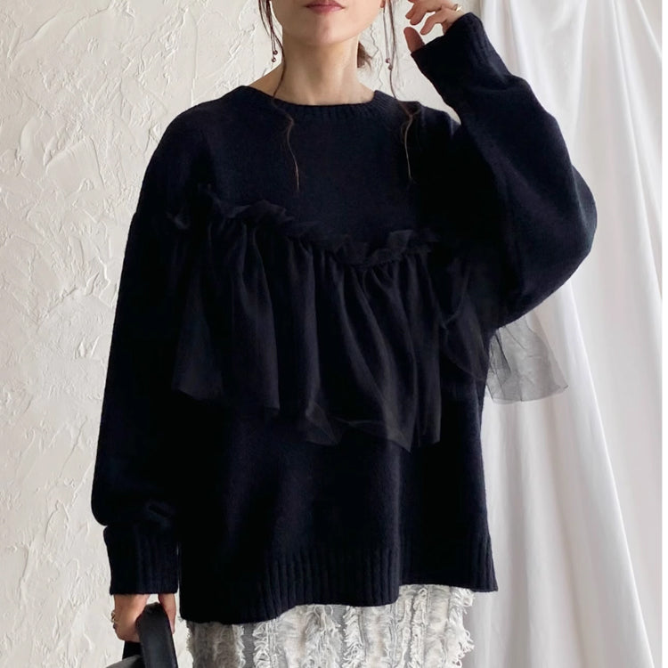 チュールドッキングニット クルーネックニット ニット セーター トップス レディース