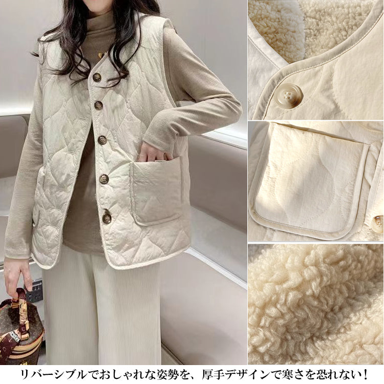 ベスト フェイクラムウールベスト 中綿ベスト リバーシブルベスト ファーベスト