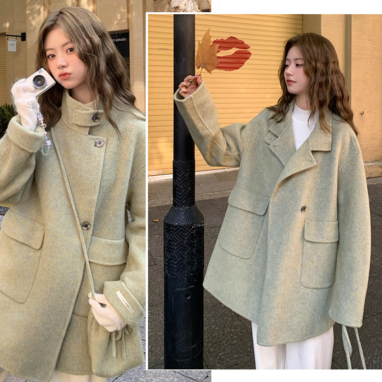 ウール 羊毛 ダブルフェイス 両面 高級 コート 立襟 スタンド カラー ルーズ ゆったり