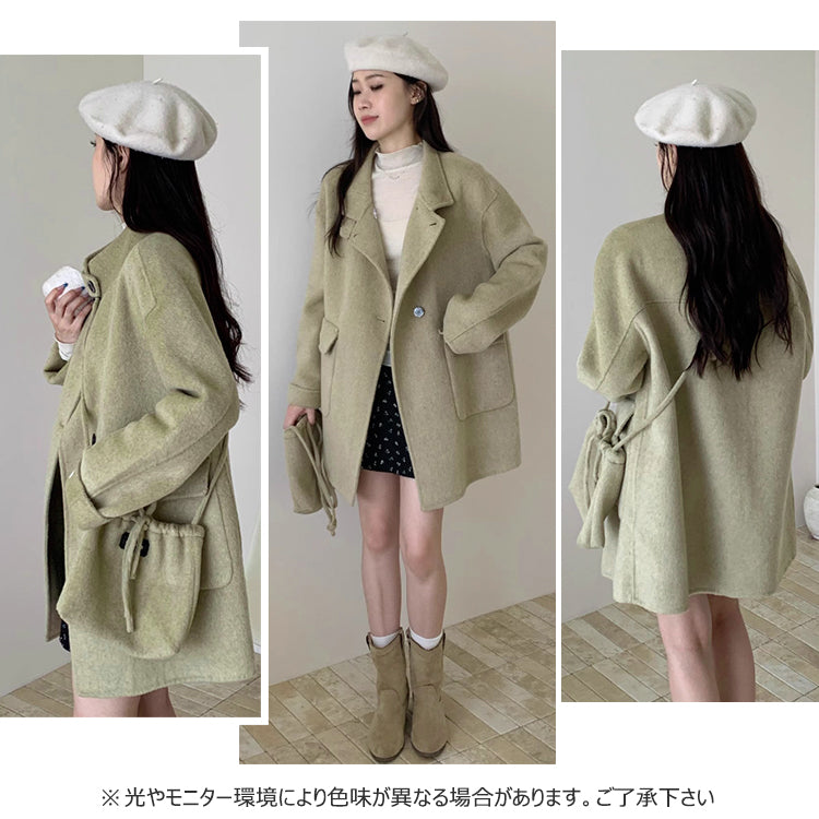 ウール 羊毛 ダブルフェイス 両面 高級 コート 立襟 スタンド カラー ルーズ ゆったり